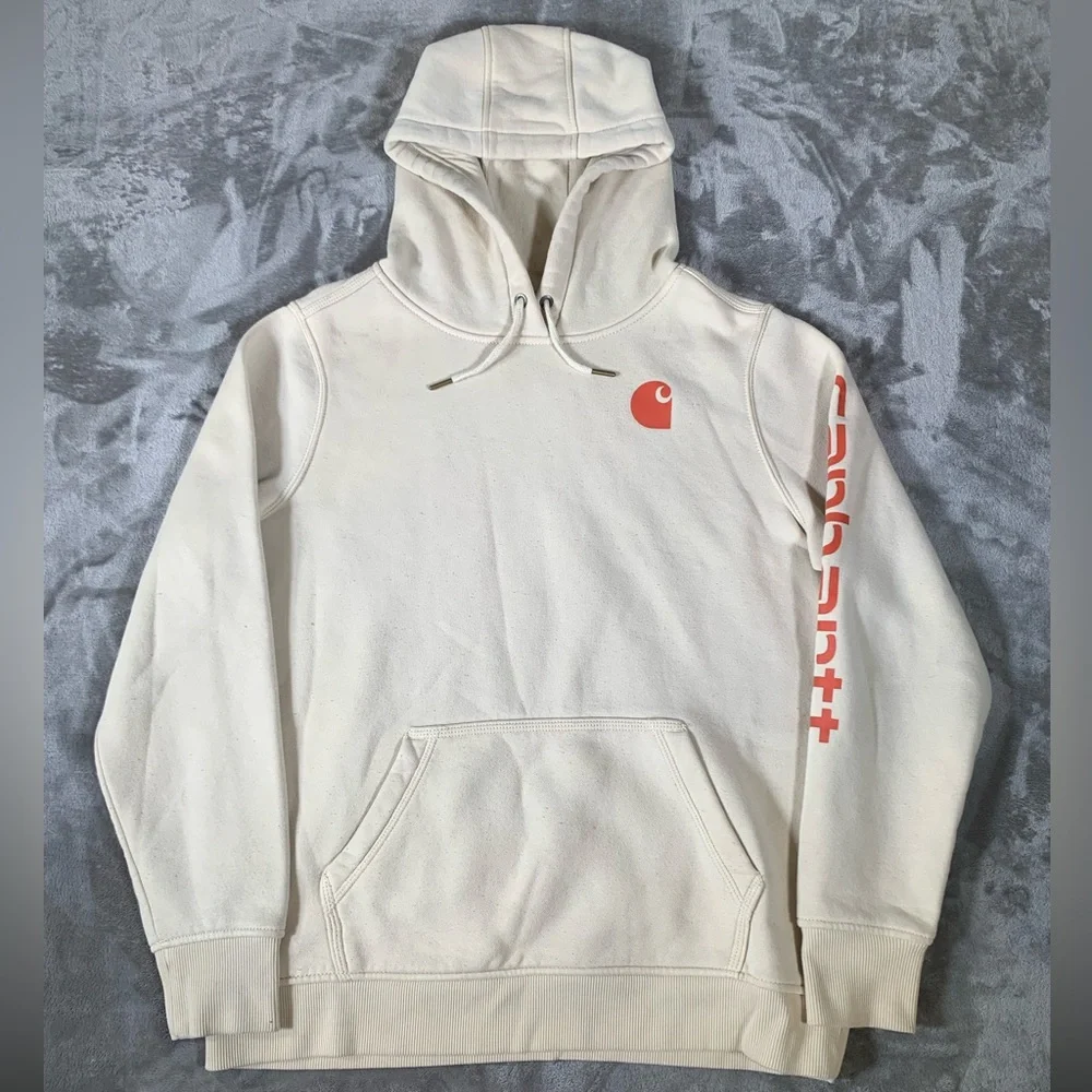 Carhartt Hoodie Boys Lg (12–14) Beige Relaxed Fit Sweatshirt Spellout Logo Baggy
